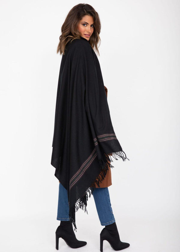 likemary Black Merino Wool Blanket Scarf with Border – Oversized Shawl