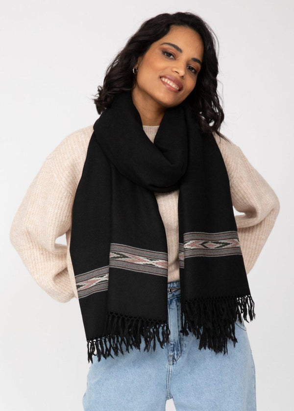 Likemary Black Merino Wool Shawl For Women – Blanket Scarf With Takhi Border