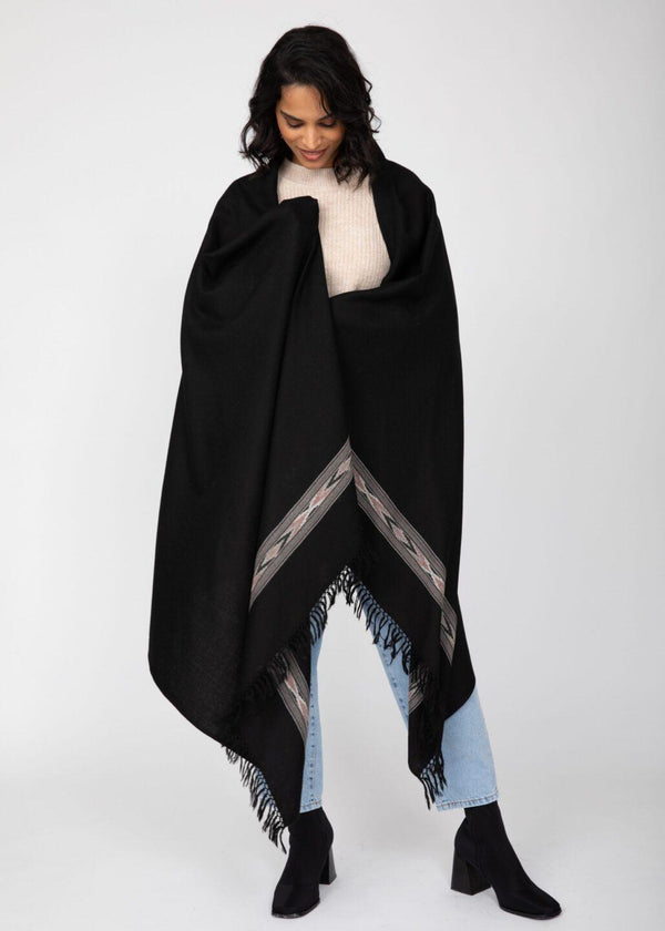 Likemary Black Merino Wool Shawl For Women – Blanket Scarf With Takhi Border