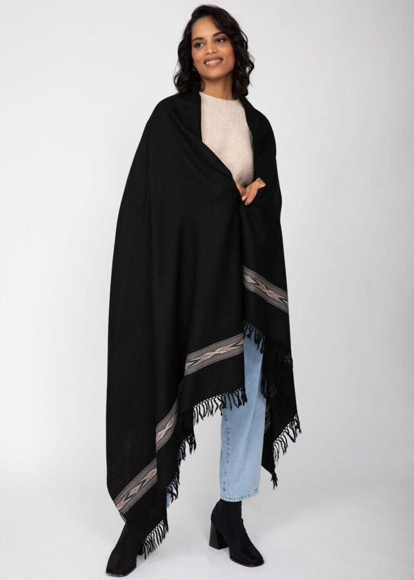 likemary Black Merino Wool Shawl for Women – Blanket Scarf with Takhi Border