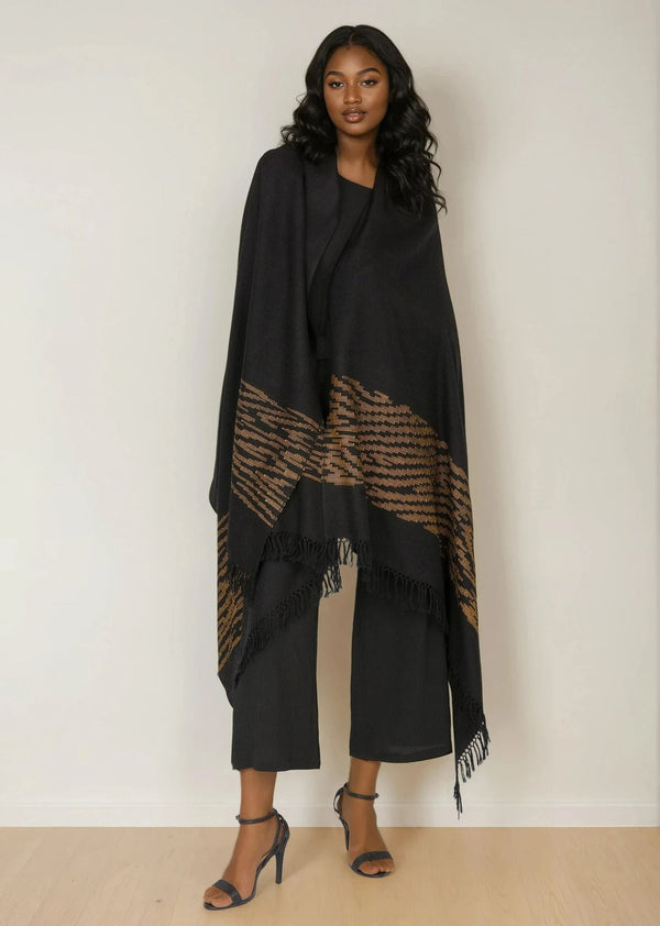 Likemary Black Wool Shawl With Tiger Stripes – Oversized Merino Blanket Scarf