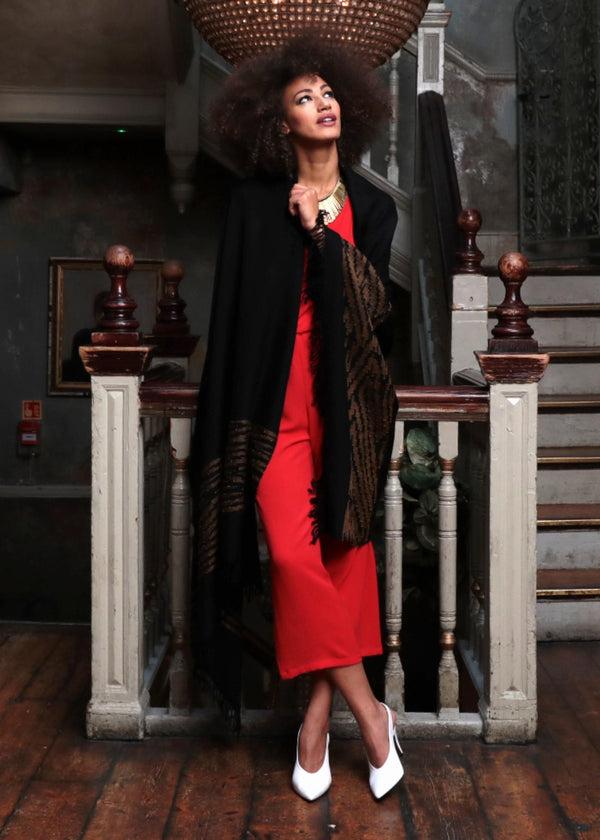 Likemary Black Wool Shawl With Tiger Stripes – Oversized Merino Blanket Scarf