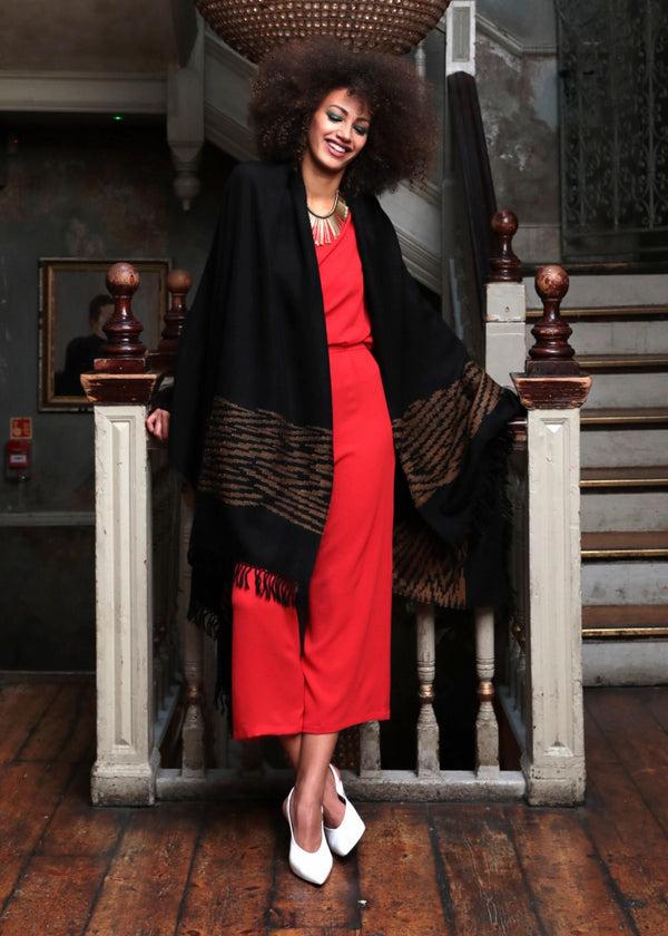 likemary Black Wool Shawl with Tiger Stripes – Oversized Merino Blanket Scarf