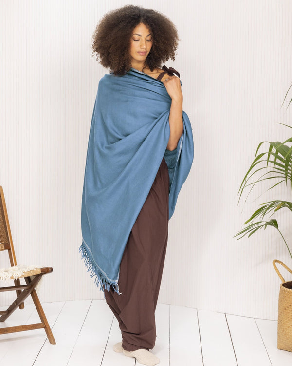 Likemary Blue Wool Shawl – Oversized Handwoven Blanket Scarf