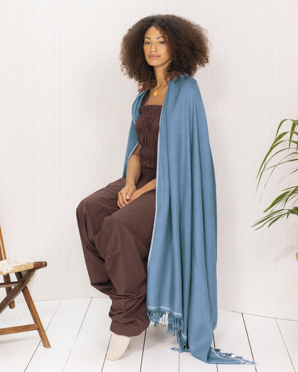 Likemary Blue Wool Shawl – Oversized Handwoven Blanket Scarf