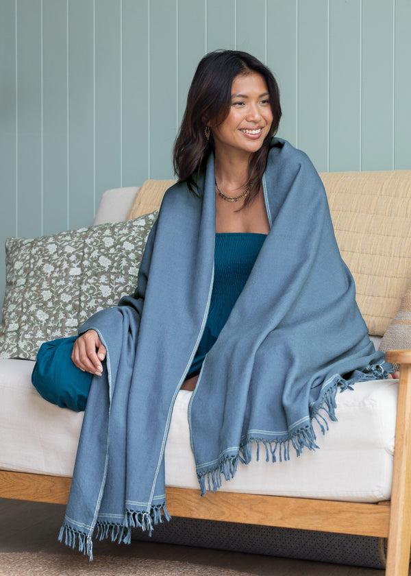 likemary Blue Wool Shawl – Oversized Handwoven Blanket Scarf