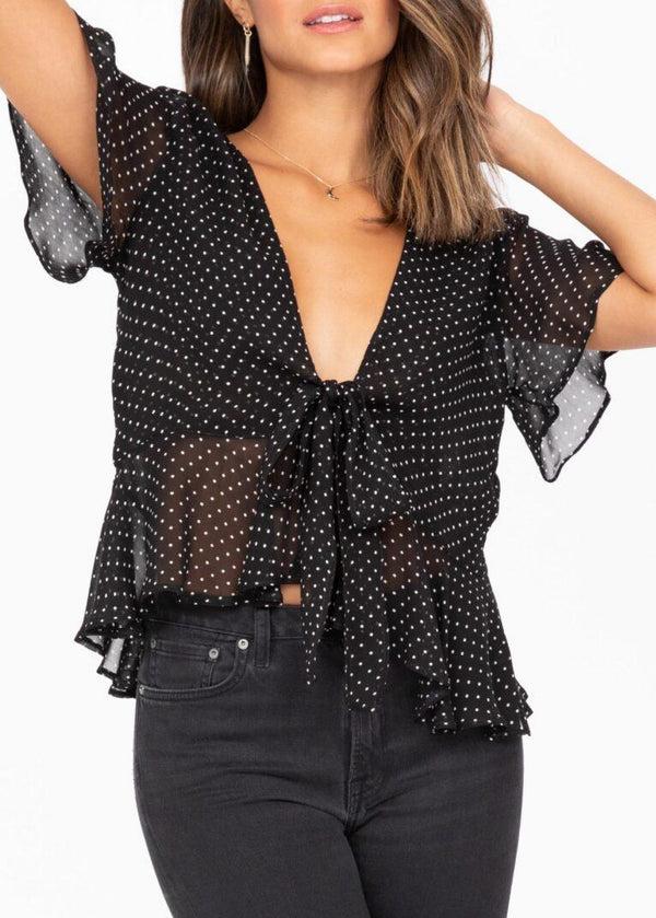 Likemary Butterfly Sleeve Tie-Front Top In Black Polka Dot