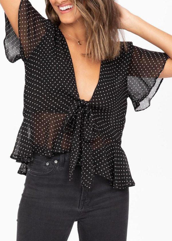 Likemary Butterfly Sleeve Tie-Front Top In Black Polka Dot