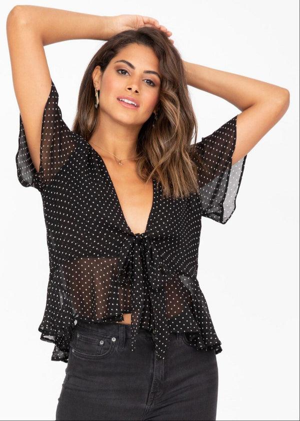 Likemary Butterfly Sleeve Tie-Front Top In Black Polka Dot