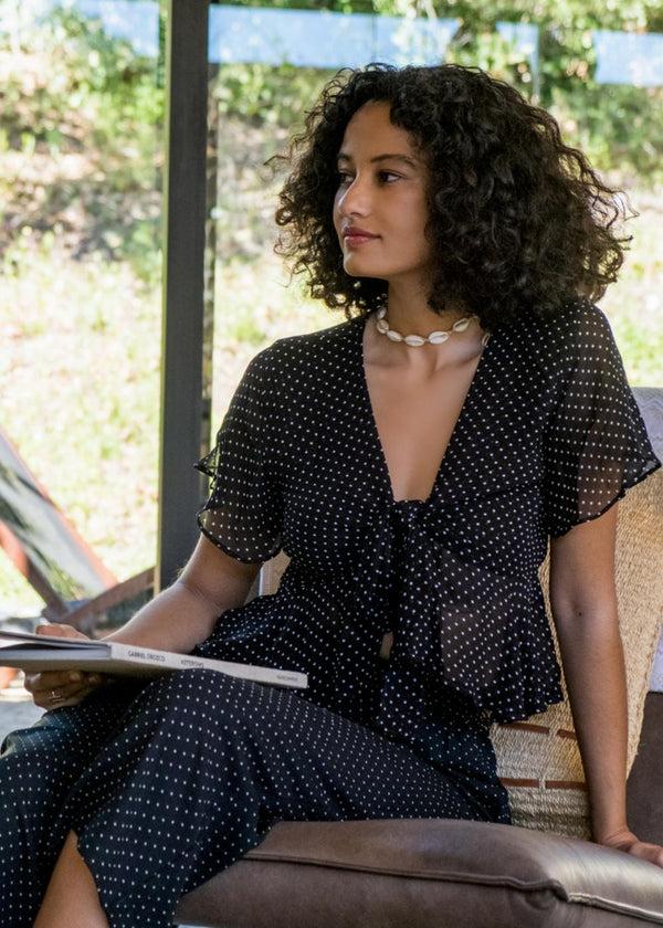 likemary Butterfly Sleeve Tie-Front Top in Black Polka Dot