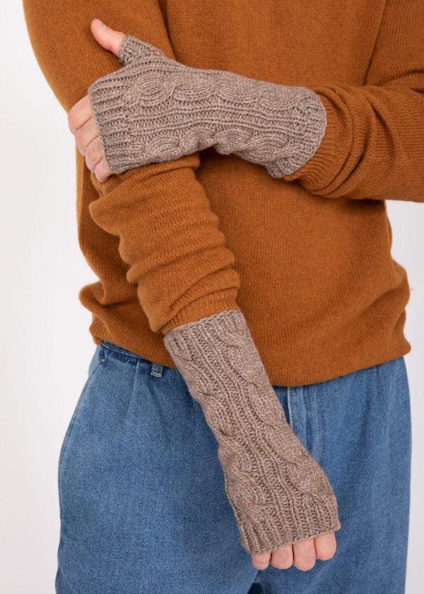 likemary Cable Knitted Fingerless Gloves for Men 100% Merino Wool - Mocha