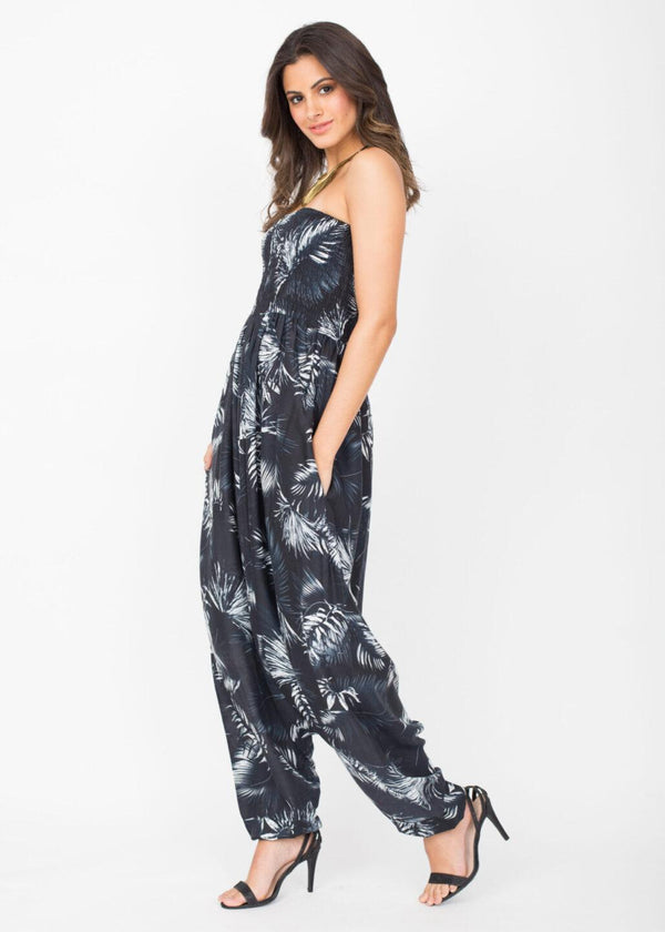 Likemary Convertible Cotton 2-in-1 Jumpsuit & Harem Pants – Black Leaves