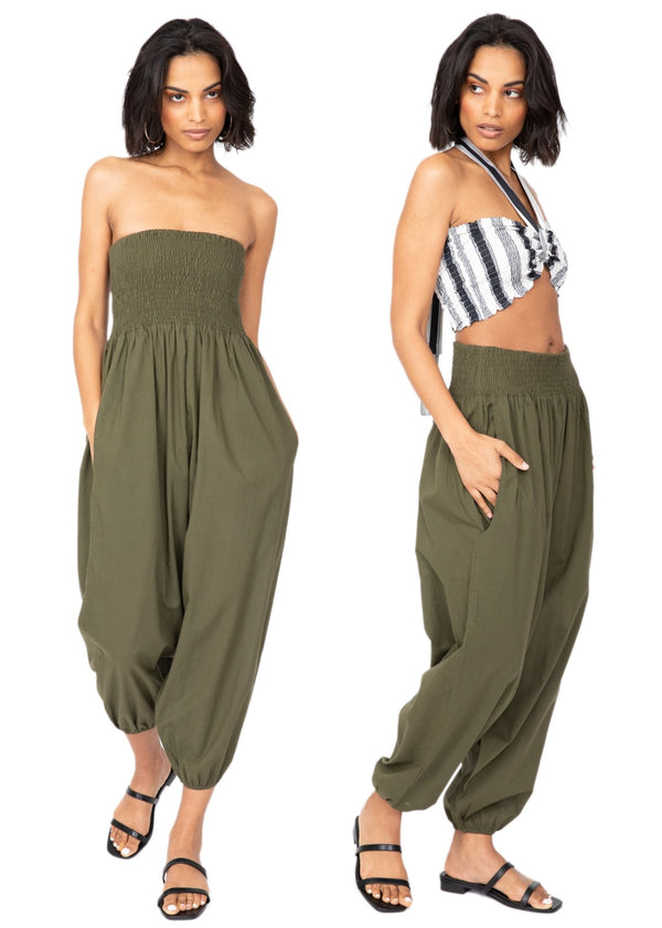 Likemary Convertible Cotton 2-in-1 Jumpsuit & Harem Pants – Capri Length Khaki Green