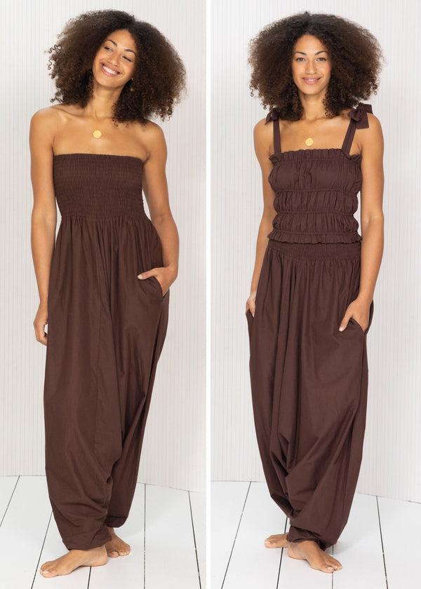 Likemary Convertible Cotton 2-in-1 Jumpsuit & Harem Pants In Chocolate Brown