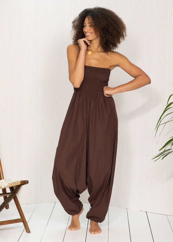 likemary Convertible Cotton 2-in-1 Jumpsuit & Harem Pants in Chocolate Brown