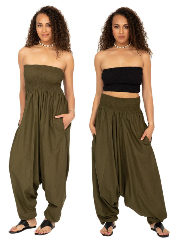 Likemary Convertible Cotton 2-in-1 Jumpsuit & Harem Pants In Olive Green