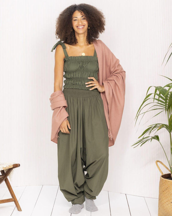 Likemary Convertible Cotton 2-in-1 Jumpsuit & Harem Pants In Olive Green