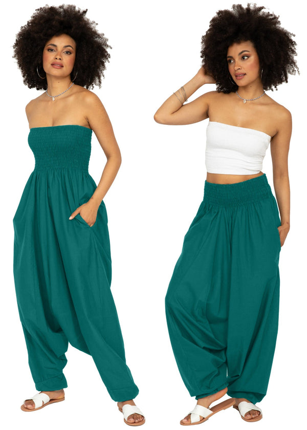 Likemary Convertible Cotton 2-in-1 Jumpsuit & Harem Pants In Emerald Green