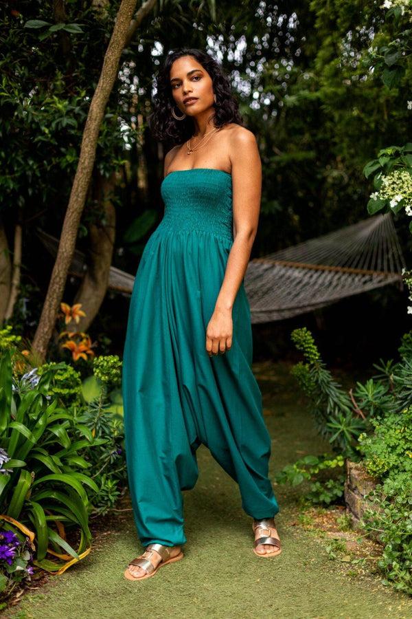 Likemary Convertible Cotton 2-in-1 Jumpsuit & Harem Pants In Emerald Green