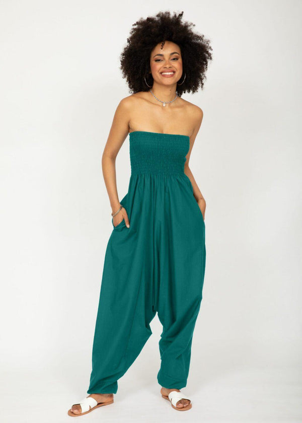 Likemary Convertible Cotton 2-in-1 Jumpsuit & Harem Pants In Emerald Green