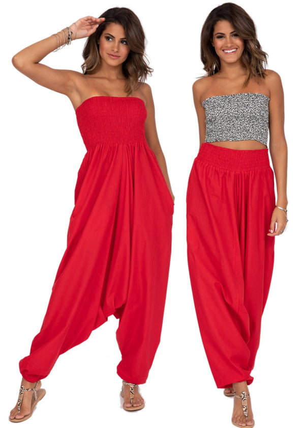 Likemary Convertible Cotton 2-in-1 Jumpsuit & Harem Pants In Red