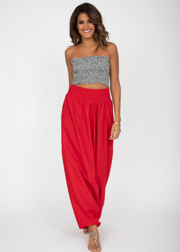 Likemary Convertible Cotton 2-in-1 Jumpsuit & Harem Pants In Red