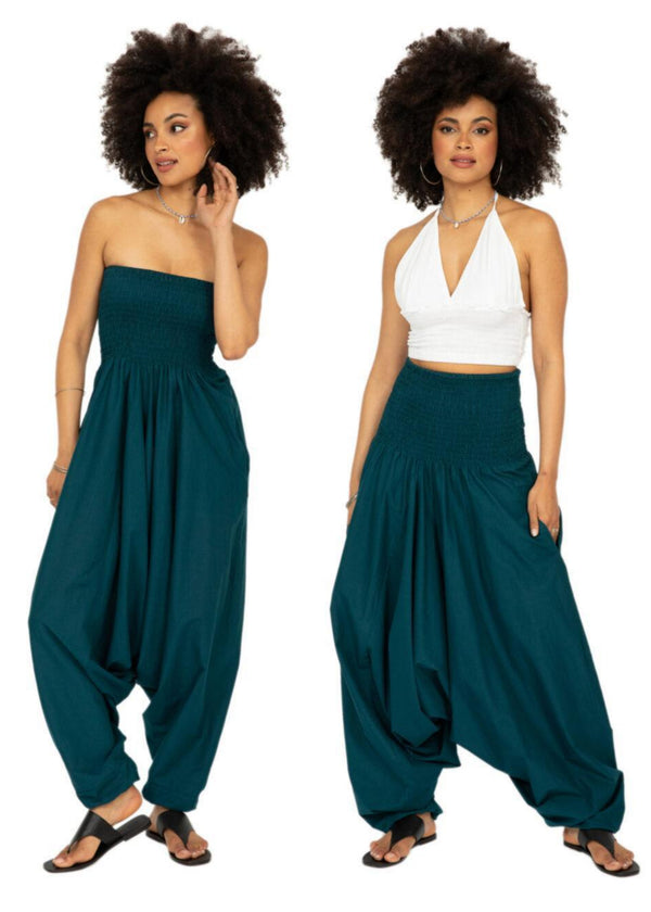 Likemary Convertible Cotton 2-in-1 Jumpsuit & Harem Pants In Teal