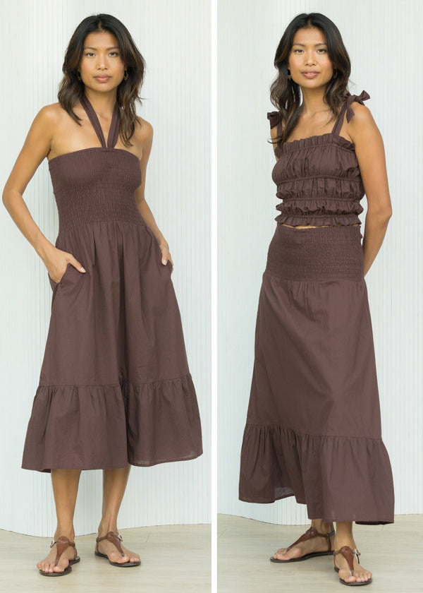 Likemary Convertible Cotton Midi Dress Into Maxi Skirt In Brown