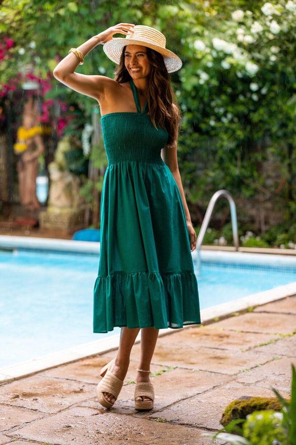 likemary Convertible Cotton Midi Dress into Maxi Skirt in Emerald Green