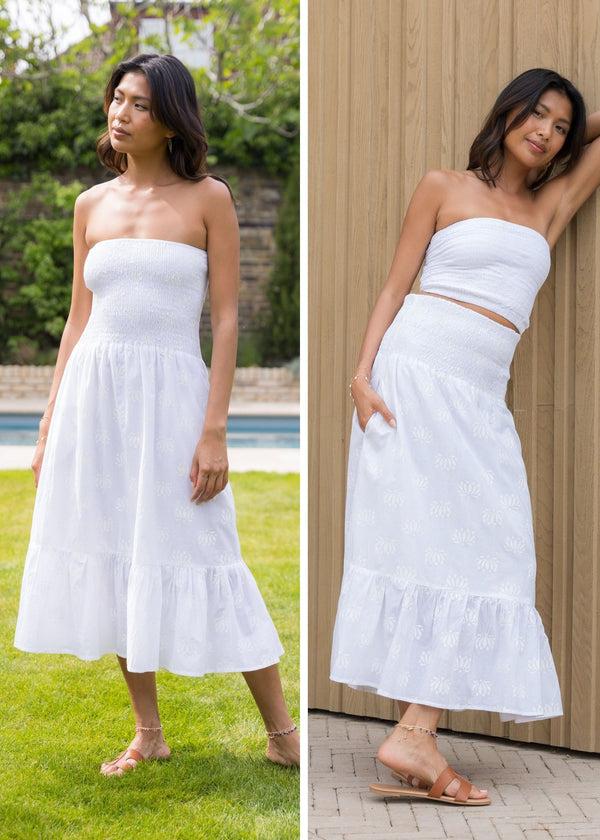 Likemary Convertible Cotton Midi Dress Into Maxi Skirt In White Lotus Print