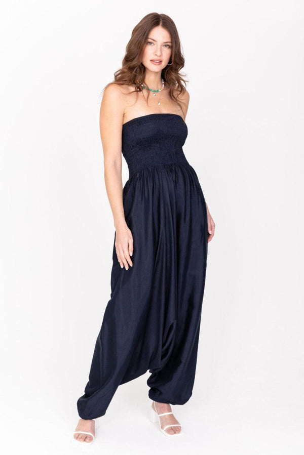 Likemary Convertible Harem Jumpsuit In Midnight Blue Silk Look