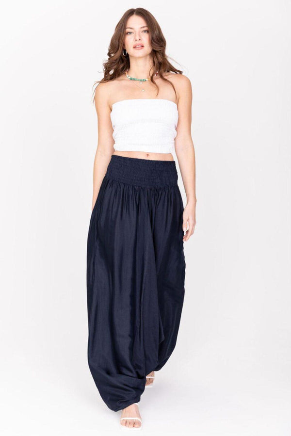 Likemary Convertible Harem Jumpsuit In Midnight Blue Silk Look