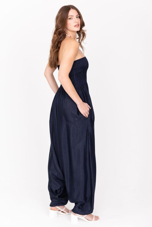 Likemary Convertible Harem Jumpsuit In Midnight Blue Silk Look