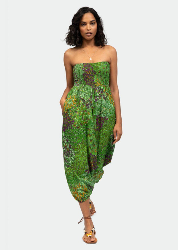 Likemary Convertible Harem Trousers & Cropped Jumpsuit In Green Peacock Print – 2-in-1