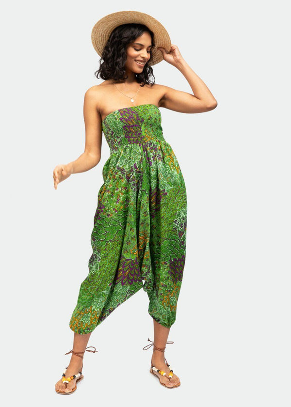 Likemary Convertible Harem Trousers & Cropped Jumpsuit In Green Peacock Print – 2-in-1