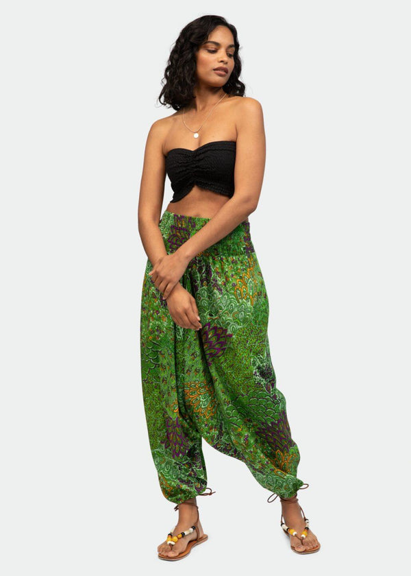 Likemary Convertible Harem Trousers & Cropped Jumpsuit In Green Peacock Print – 2-in-1