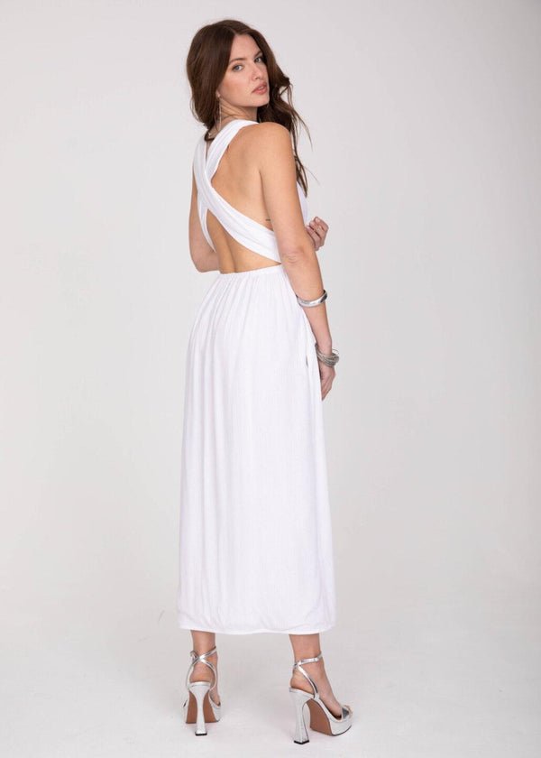 Likemary Convertible Maxi Dress With Side Slits & Lurex Stripes In White