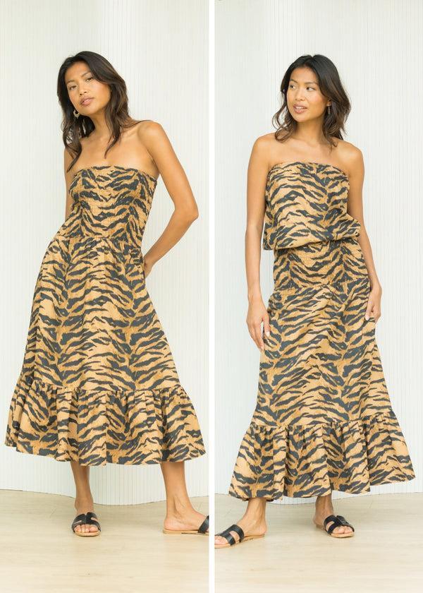 Likemary Convertible Poplin Midi Dress Into Maxi Skirt Tiger Print