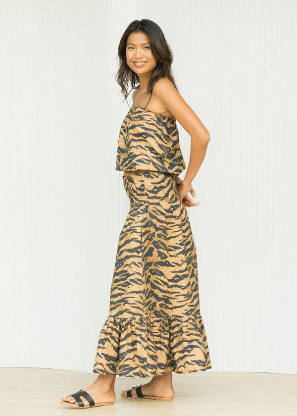 Likemary Convertible Poplin Midi Dress Into Maxi Skirt Tiger Print