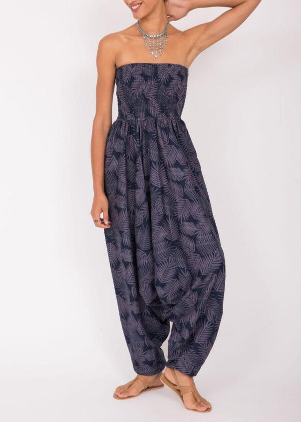 Likemary Cotton Printed 2 In 1 Convertible Jumpsuit & Harem Pants In Blue Leaves