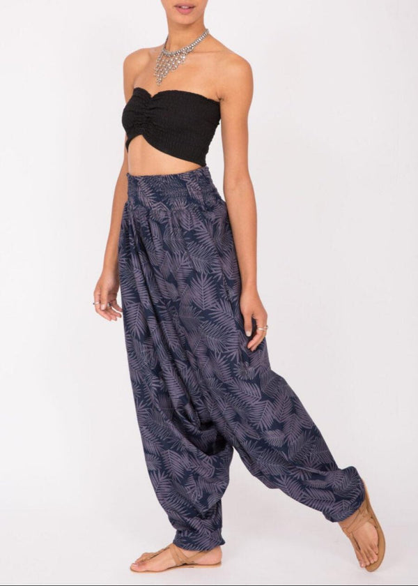 Likemary Cotton Printed 2 In 1 Convertible Jumpsuit & Harem Pants In Blue Leaves