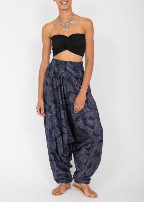 Likemary Cotton Printed 2 In 1 Convertible Jumpsuit & Harem Pants In Blue Leaves