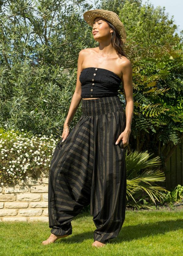 Likemary Cotton Printed 2 In 1 Jumpsuit And Harem Pants In Black And Gold Stripes