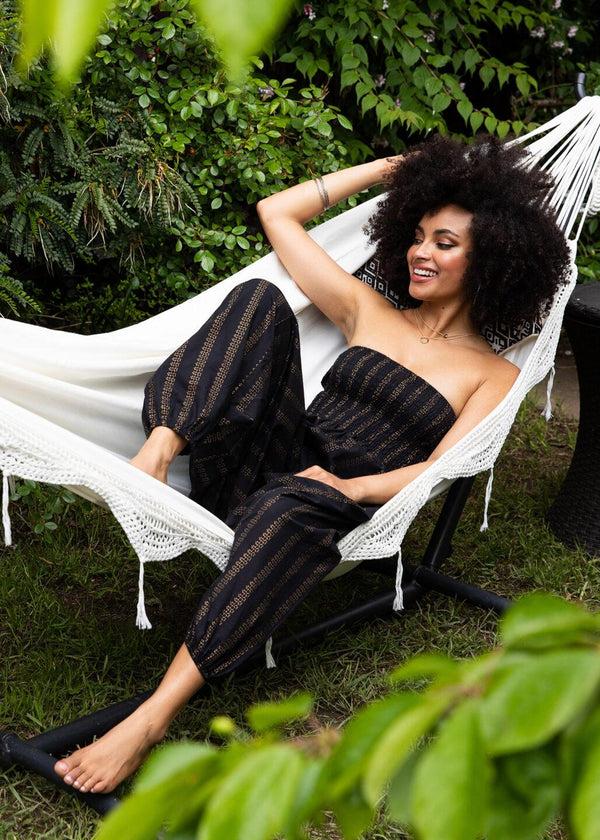 likemary Cotton Printed 2 in 1 Jumpsuit and Harem Pants in Black and Gold Stripes