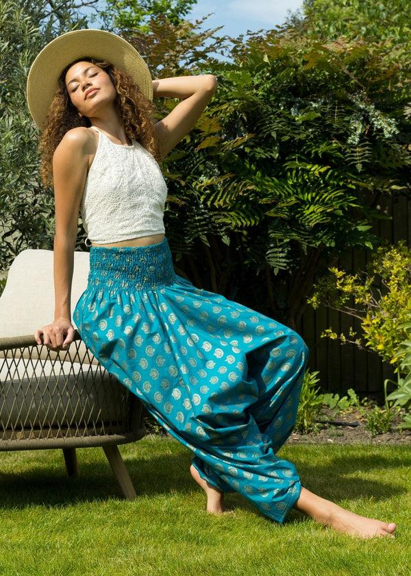Likemary Cotton Printed 2 In 1 Maxi Harem Trouser & Bandeau Jumpsuit Turquoise Gold Print