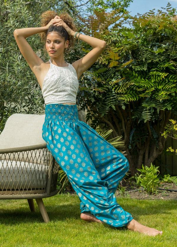 Likemary Cotton Printed 2 In 1 Maxi Harem Trouser & Bandeau Jumpsuit Turquoise Gold Print