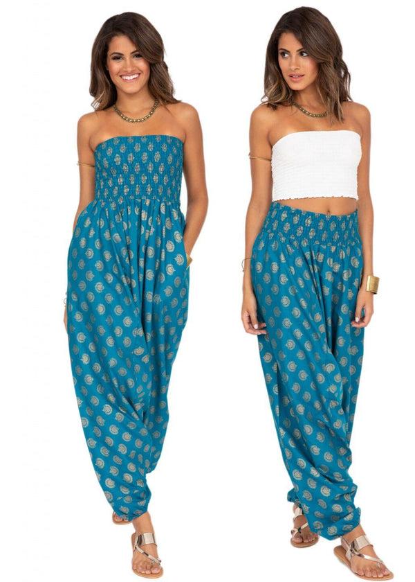 Likemary Cotton Printed 2 In 1 Maxi Harem Trouser & Bandeau Jumpsuit Turquoise Gold Print