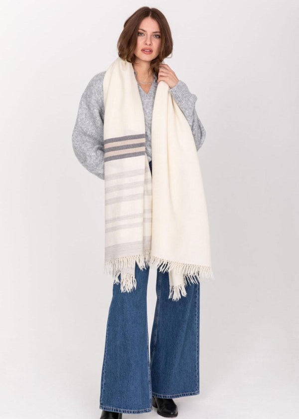Likemary Cream Merino Wool Shawl Scarf – Oversized Blanket Wrap With Stripes