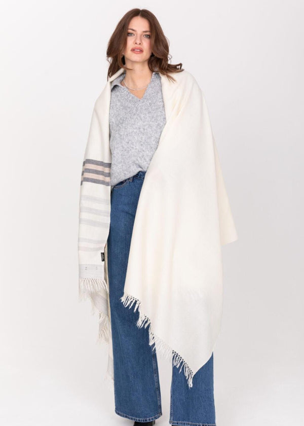 Likemary Cream Merino Wool Shawl Scarf – Oversized Blanket Wrap With Stripes