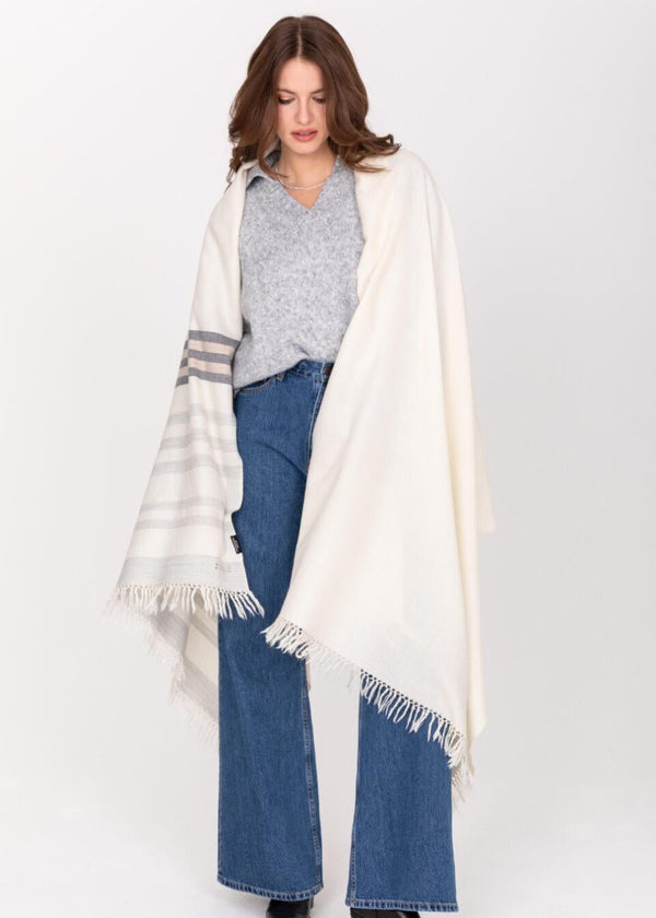 Likemary Cream Merino Wool Shawl Scarf – Oversized Blanket Wrap With Stripes